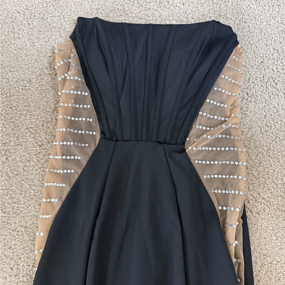 Black Evening Dress with Crystal-Embellished Sheer Sleeves